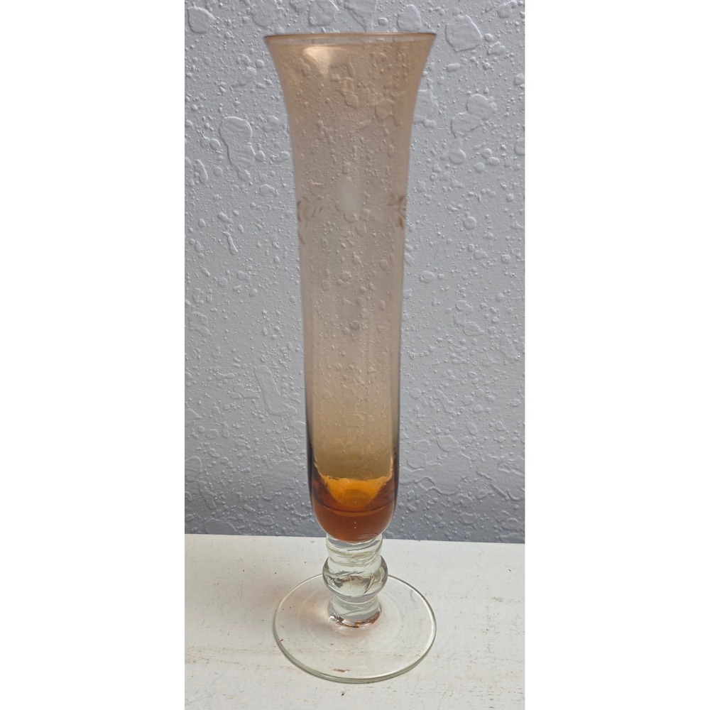 Vintage Amber Etched Glass Trumpet Bud Vase Hand Blown Laurel Leaf Pedestal